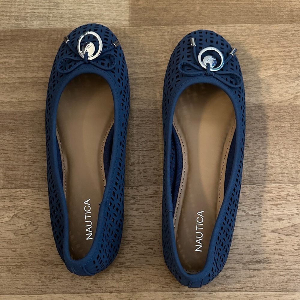 Nautica Navy Blue Laser-Cut Ballet Flats with Silver Accent